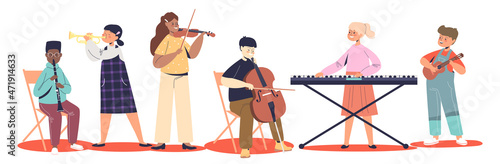 Kids playing on different music instruments: flute, trumpet, violin, cello, piano and ukulele