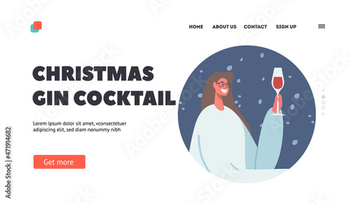 Christmas Gin Cocktail Landing Page Template. Young Cheerful Drink Alcohol at Home or Bar. Drunk Girl Celebrate Holidays