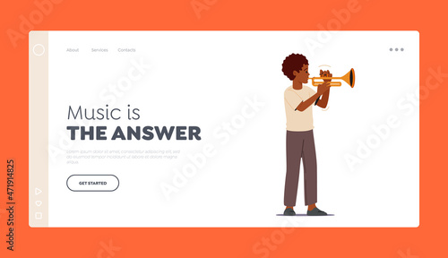 Child Music Entertainment or Training Landing Page Template. Boy Playing on Trumpet Perform Concert, Kid Playing Jazz