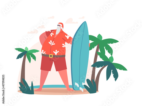 Santa Claus Character Wearing Christmas Hat and Red Shirt and Shorts Stand with Surfing Board at Ocean Beach, Vacation