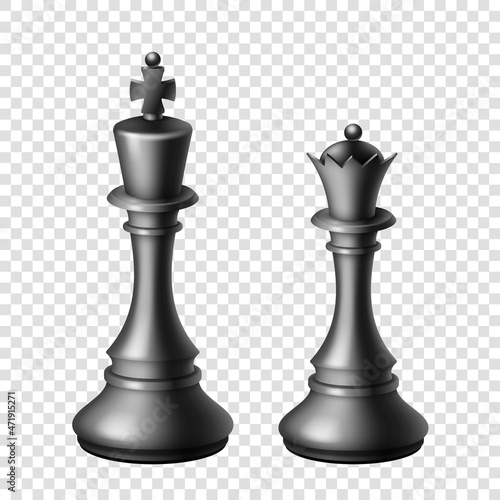 Black chess king and queen icons isolated on transparent background. Chess figures set
