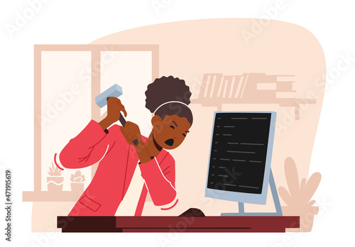 Sad Female Office Worker Smash Workplace with Pc Using Hammer. Burnout at Work, Unhappy Businesswoman in Stress