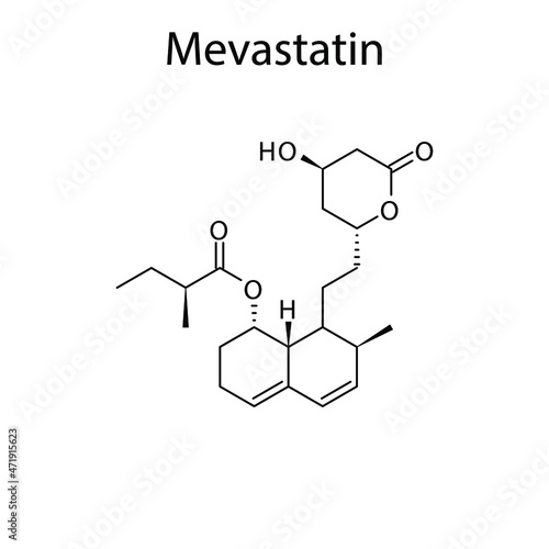 Mevastatin molecular structure, flat skeletal chemical formula. Statin drug used to treat Blood cholesterol, Hyerplipidemia, High LDL. Vector illustration.