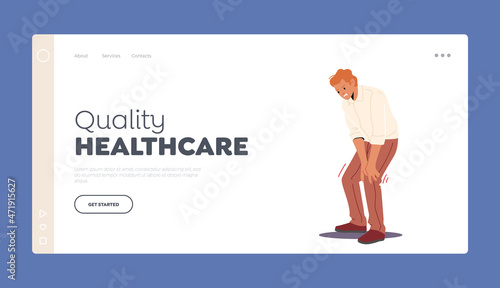 Quality Healthcare Landing Page Template. Man Feeling Strong Pain in Knee. Male Character Touching Leg, Health Problem
