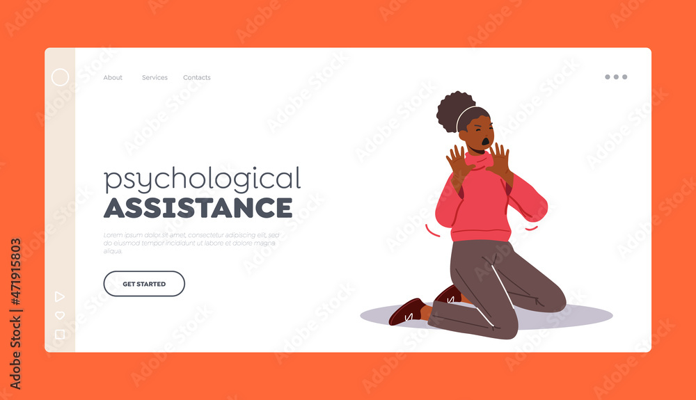 Psychological Assistance Landing Page Template. Scared African Woman Sit on Floor Afraid and Protecting from Something Psychological Assistance Landing Page Template. Scared African Woman Sit on Floor Afraid and Protecting from Something