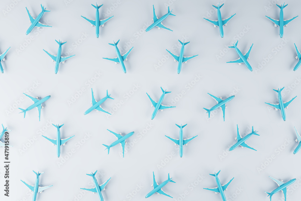 Abstract image of blue airplanes on white background. Travel and landing page concept. 3D Rendering. Abstract image of blue airplanes on white background. Travel and landing page concept. 3D Rendering.