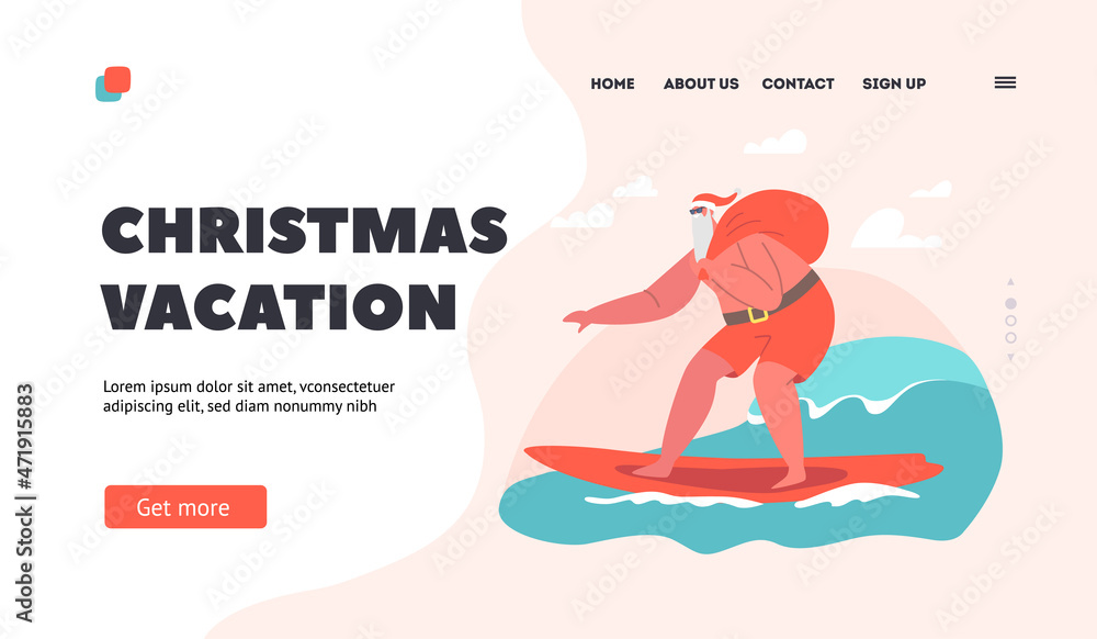 Christmas Vacation Landing Page Template. Santa Claus Character Wear Hat and Red Shorts Surfing Ocean Wave on Surf Board