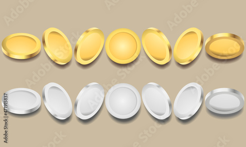 Vector isolated set of spinning gold and silver coin, at different angles for animation.