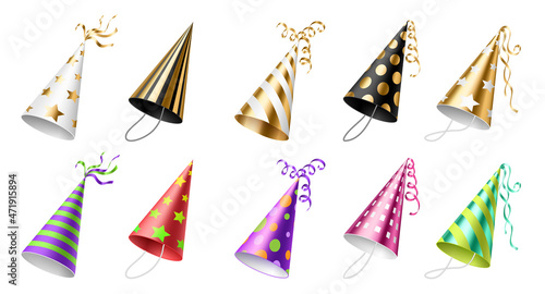 Set of realistic colorful party hat. Cone headwear for celebration with dots, stripes and ribbons