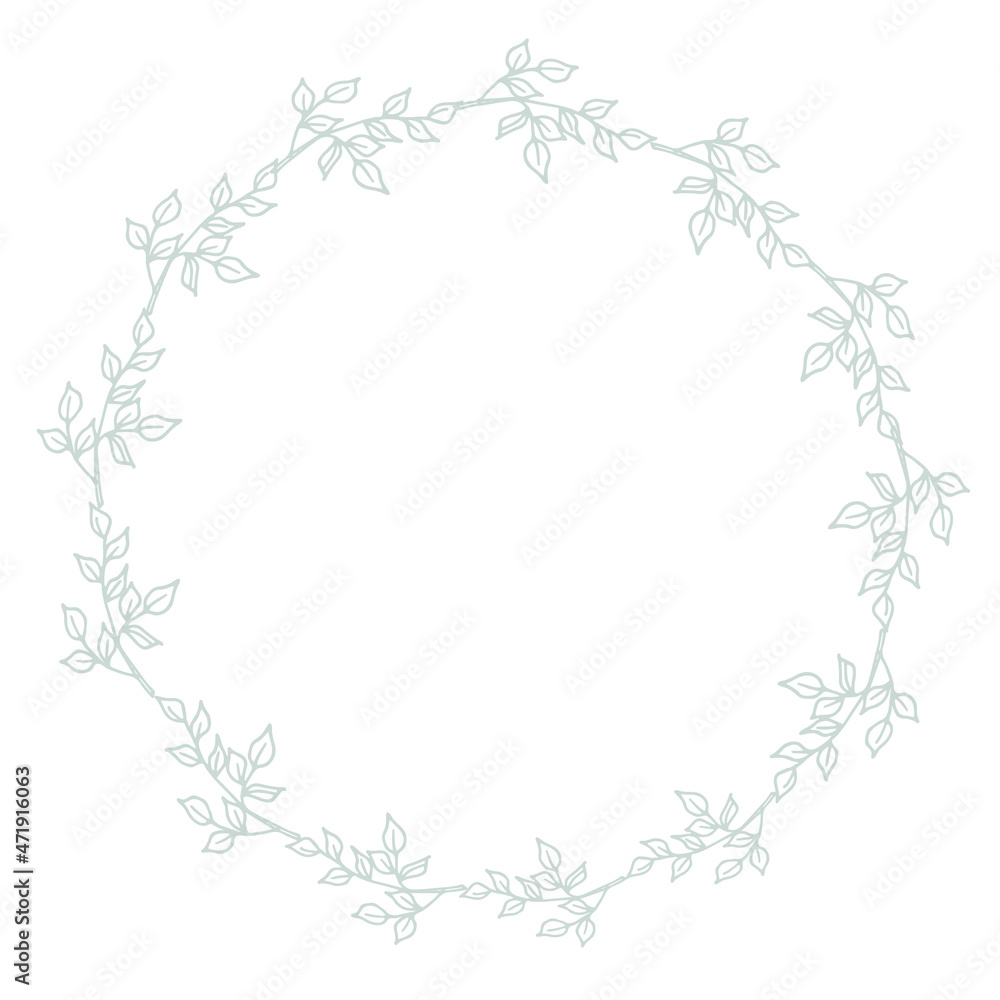 Silver floral round frame decorated with hand drawn delicate branches. Vector isolated.