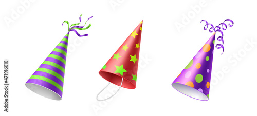 Colorful party hats. Realistic different festive headwear with various patterns, stripes and dots