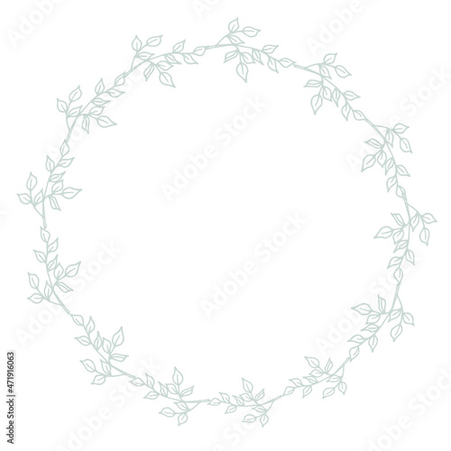 Silver floral round frame decorated with hand drawn delicate branches. Vector isolated.