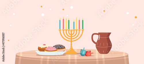 Room Interior with Served Table for Celebrating Hanukkah, Jewish Festival of Lights. Candles on Traditional Menorah, Jug