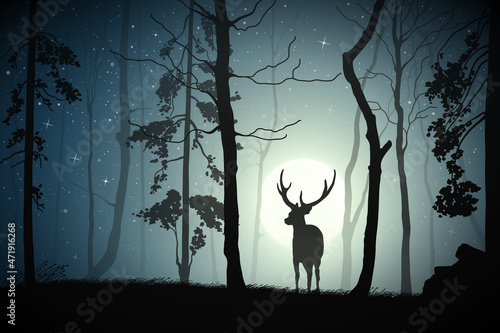 Lonely deer in misty forest. Animal silhouette. Tree in fog. Full moon © arvitalya