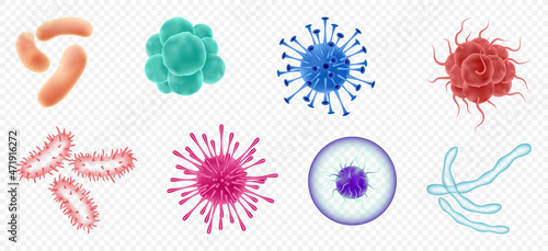 Viruses, germs and bacteria, microorganism types. Illness or disease microscopic cells photo