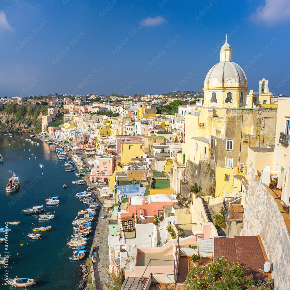 Aerial drone view of Corricella fisherman village in Procida island Naples Italy