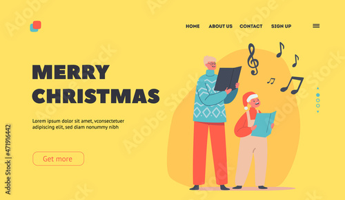 Merry Christmas Landing Page Template. Cute Children Caroling, Happy Kids Characters Wearing Santa Hats Sing with Books
