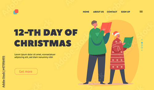 Christmas Songs Landing Page Template. Boy and Girl Sing Carols with Books. Children Caroling, Happy Kids Singing Carols