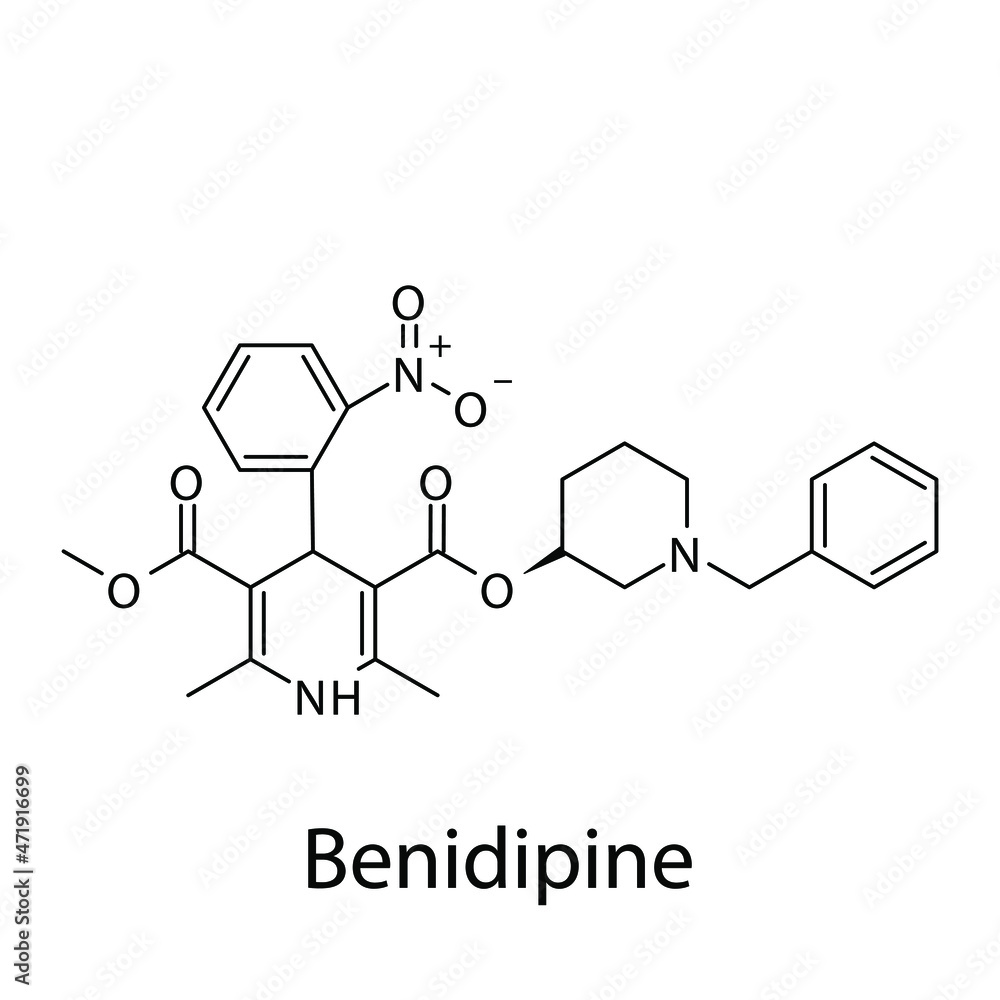 Benidipine molecular structure, flat skeletal chemical formula. Calcium channel blocker CCB Dihydropyridine drug used to treat Hypertension, Angina. Vector illustration. Benidipine molecular structure, flat skeletal chemical formula. Calcium channel blocker CCB Dihydropyridine drug used to treat Hypertension, Angina. Vector illustration.