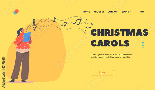 Christmas Carols Landing Page Template. Cute Child Caroling, Happy Kid Character Wear Knit Sweater Singing Songs