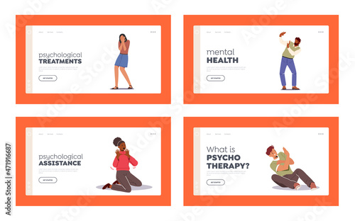 Emotional Psychological Sickness Landing Page Template Set. Characters Afraid of Something. Mental Problem, Introversion