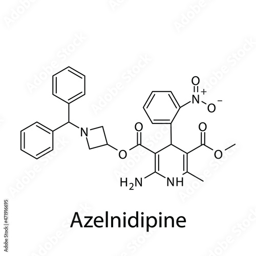Azelnidipine molecular structure, flat skeletal chemical formula. Calcium channel blocker CCB Dihydropyridine drug used to treat Hypertension. Vector illustration.
