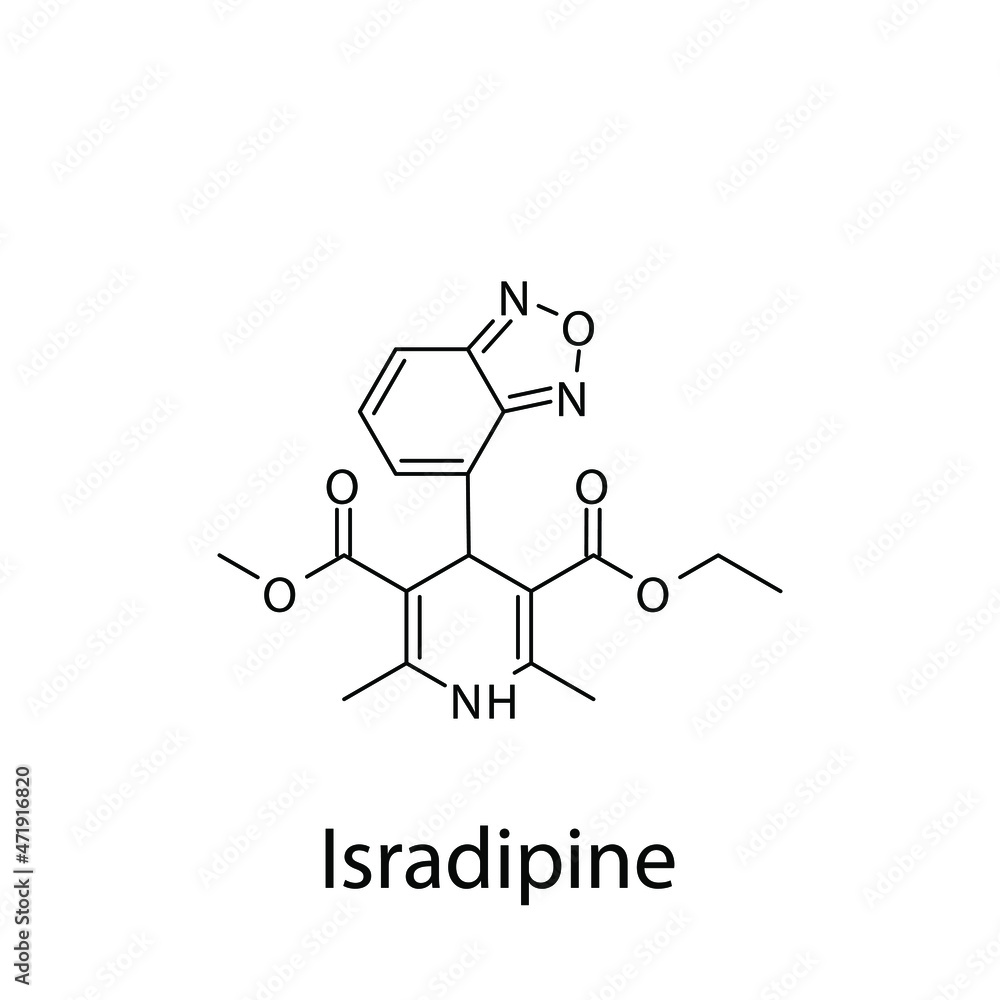 Isradipine molecular structure, flat skeletal chemical formula. Calcium channel blocker CCB Dihydropyridine drug used to treat Hypertension. Vector illustration. Isradipine molecular structure, flat skeletal chemical formula. Calcium channel blocker CCB Dihydropyridine drug used to treat Hypertension. Vector illustration.