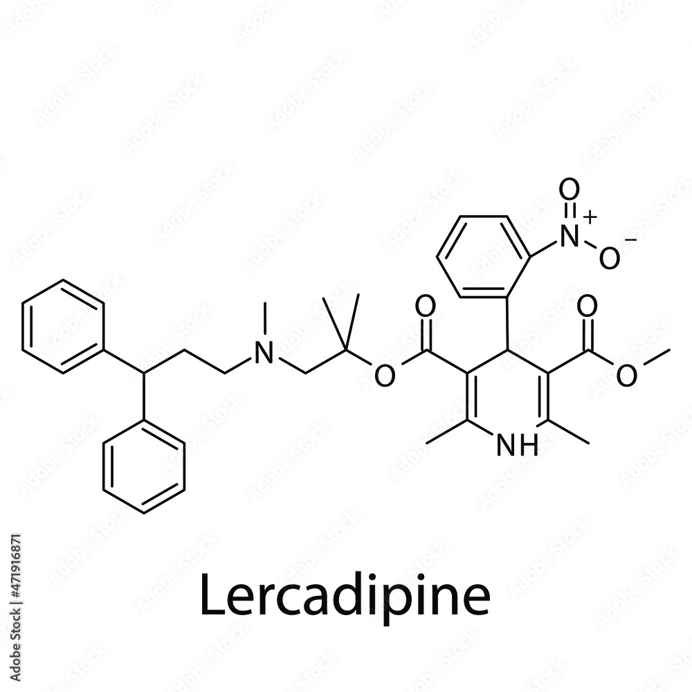 Lercadipine molecular structure, flat skeletal chemical formula. Calcium channel blocker CCB Dihydropyridine drug used to treat Hypertension. Vector illustration. Lercadipine molecular structure, flat skeletal chemical formula. Calcium channel blocker CCB Dihydropyridine drug used to treat Hypertension. Vector illustration.