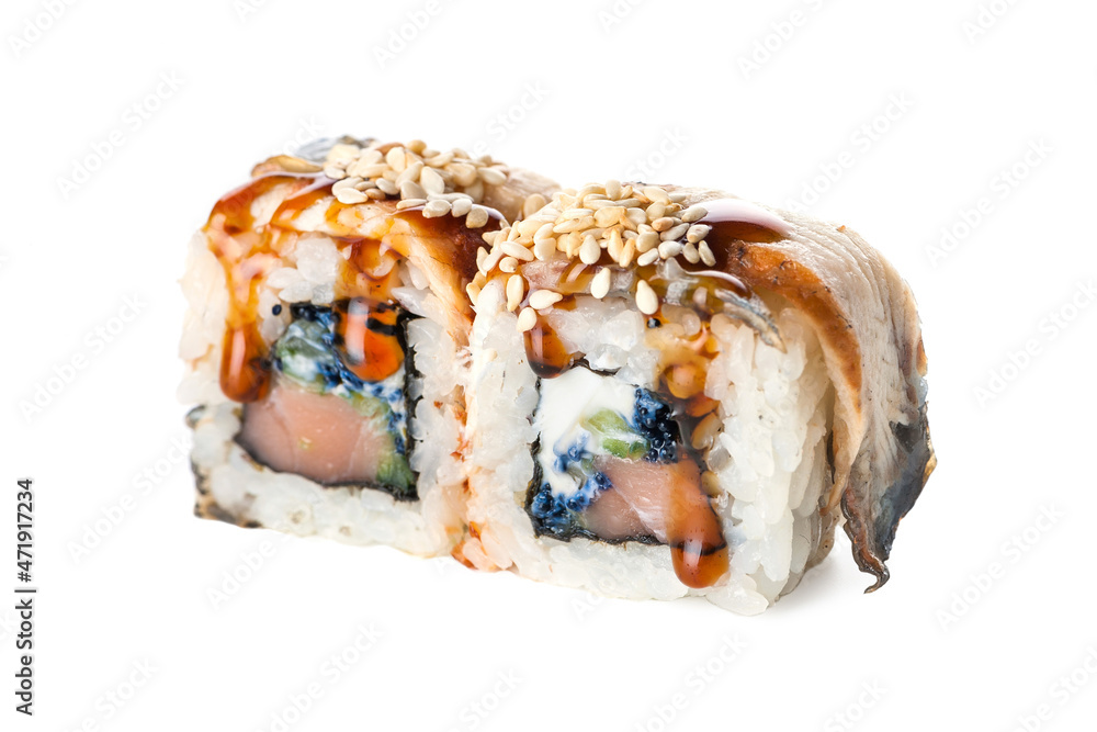 Two pieces of Japanese sushi roll with unagi eel slice on top and salmon inside roll served with sauce, sesame. Side view of Asian inside out roll isolated on white background. Copy space menu image
