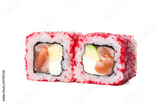 Side view of Two pieces Japanese sushi roll with red flying fish roe Tobiko on top. Salmon, avocado, cream cheese in inside out roll isolated on white background. Copy space menu image 