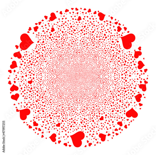Love heart explosion sphere. Object pattern is made from random love heart icons as explosion sphere. Abstraction spheric cluster collage is organized from love heart symbols.