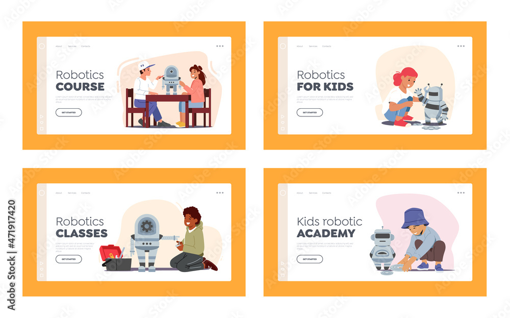 Kids Programming Robots Landing Page Template Set. Engineering for Kids, Children Learn Science, Mechanic Activities
