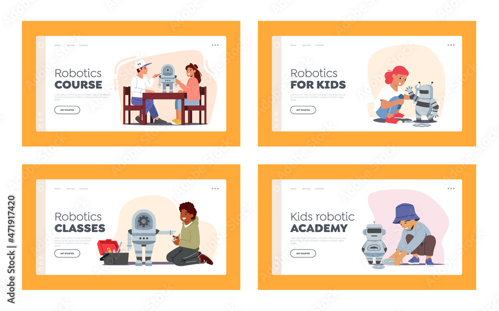 Kids Programming Robots Landing Page Template Set. Engineering for Kids, Children Learn Science, Mechanic Activities Kids Programming Robots Landing Page Template Set. Engineering for Kids, Children Learn Science, Mechanic Activities