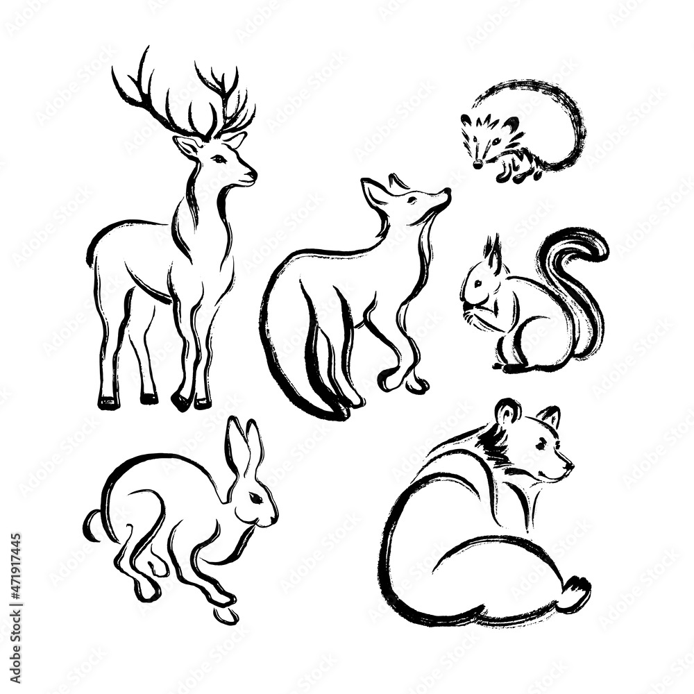 Set of animals bear, fox, hare, squirrel, deer, hedgehog. Minimalistic one-stroke drawing, brush and paint texture. Vector illustration Set of animals bear, fox, hare, squirrel, deer, hedgehog. Minimalistic one-stroke drawing, brush and paint texture. Vector illustration