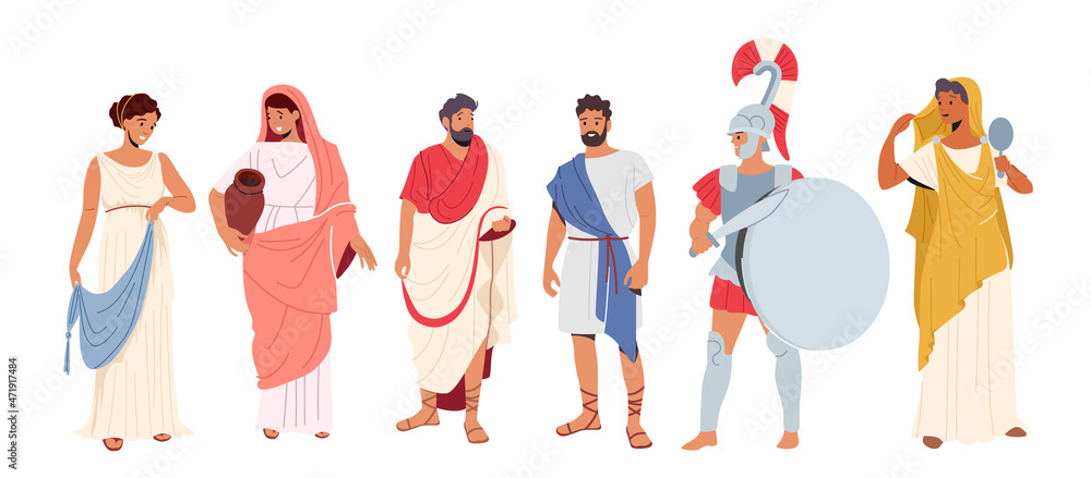 Roman People in Traditional Clothes, Ancient Rome Citizen Male and Female Character in Tunic and Sandals Costumes - obrazy, fototapety, plakaty 