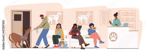 People with Pets Come to Veterinary Clinic for Treatment. Men and Women Characters with Cats, Dogs, Rats Waiting Doctor
