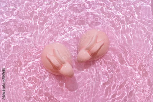 Happy Easter minimal concept. Two bunny rabbits in water on pastel pink background 