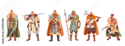Vikings Male Characters Wearing Skins and Holding Armor Swords and Axes Stand in Row Isolated on White Background