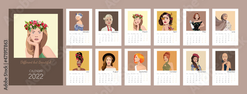 Template calendar for the year 2022. Set of 12 portraits of beautiful women of different nationality and age. Concept of body positivity, self-acceptance, different beauty. Stock vector illustration.