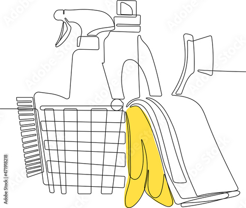 Continuous line draw of set bottles of different cleaning procucts friendly cleaning. Minimal concept. Vector illustration