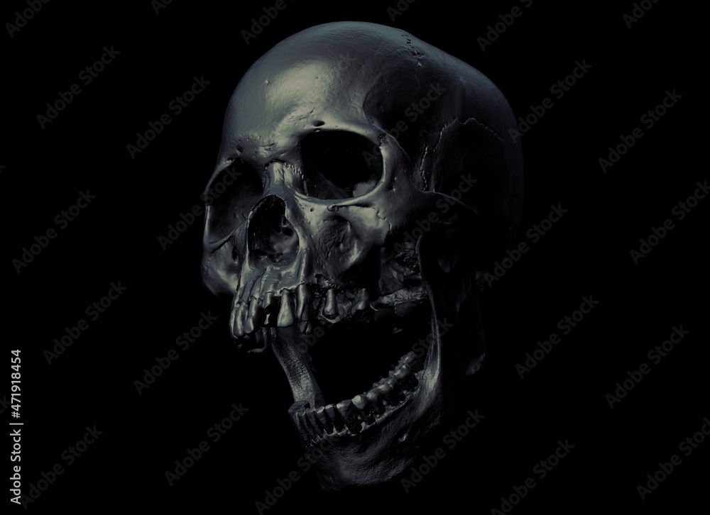 Naklejka premium Only Human skull full face on Black Isolated Background. The concept art of death, horror. Design for print, poster. A symbol of spooky Halloween, Virus, immortal, pirat. 3d rendering illustration.