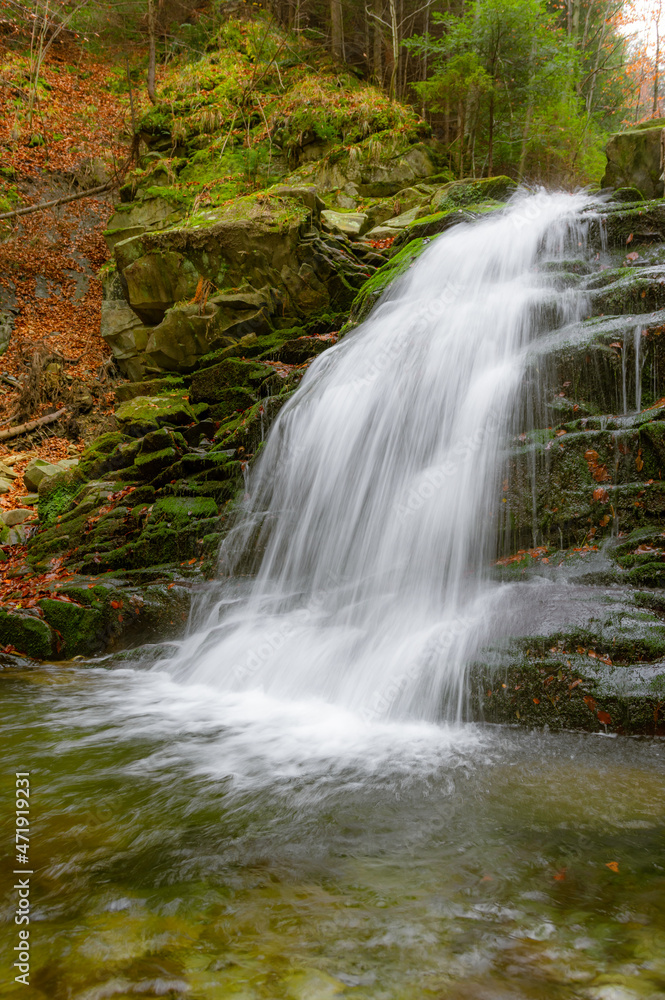 Waterfall in Obidza, late autumn, Beskid Sadecki mountain range in Carpathian Mountains, Poland. Waterfall in Obidza, late autumn, Beskid Sadecki mountain range in Carpathian Mountains, Poland.