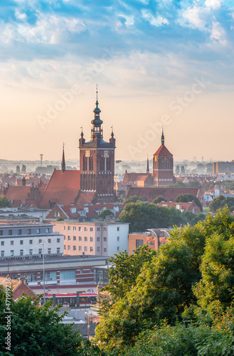 Gdansk, Poland, morning view of the historical city center with St Catherine and St John churches