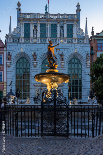 Gdansk, Poland, Neptune fountain and Artus court on Long Square, historical city center photo