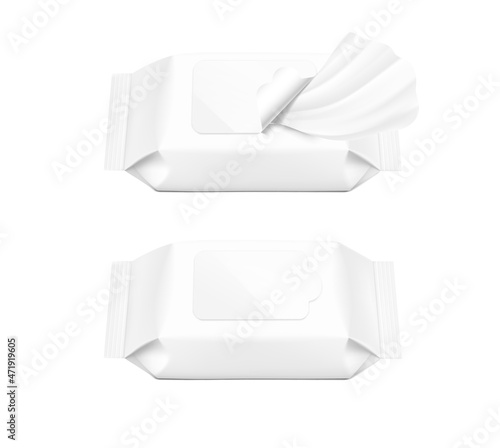 Realistic wet wipes mockups. Vector illustration isolated on white background. Can be use for your design, promo, adv and etc. EPS10.