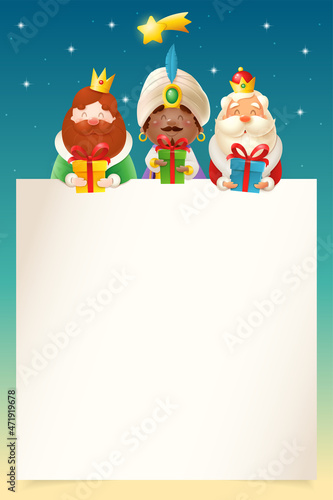Three Kings or Wise men with gifts peeking on top of paper - letter template - Happy Epiphany