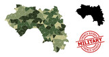 Low-Poly mosaic map of French Guinea, and rubber military watermark. Low-poly map of French Guinea is designed from scattered camo filled triangles.