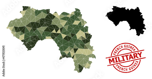 Low-Poly mosaic map of French Guinea, and rubber military watermark. Low-poly map of French Guinea is designed from scattered camo filled triangles.