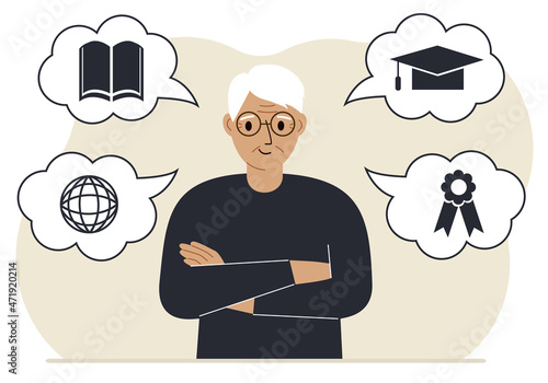 Happy granddad with thoughts about learning. Internet profession, higher education, stock exchange, financial literacy. Various icons about education.