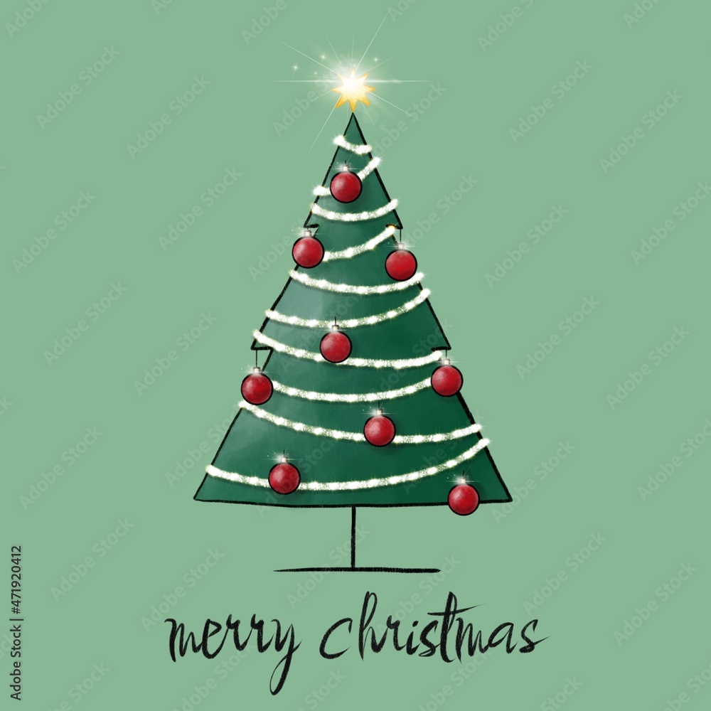 Christmas tree with red balls on a green background. Christmas card with christmas tree. Christmas illustration. Christmas tree with red balls on a green background. Christmas card with christmas tree. Christmas illustration.